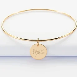 Bracelet Mariée personnalisé jonc plaqué or médaille gravée 15 mm