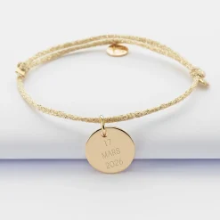 Bracelet Mariée personnalisé cordon pailleté médaille gravée plaqué or 15 mm