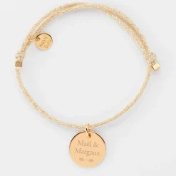 Bracelet Mariée personnalisé cordon pailleté médaille gravée plaqué or 15 mm