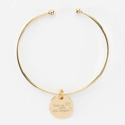 Bracelet Mariée personnalisé jonc ouvert boules plaqué or médaille gravée 15 mm