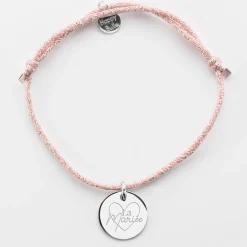 Bracelet Mariée personnalisé cordon pailleté médaille gravée argent 15 mm
