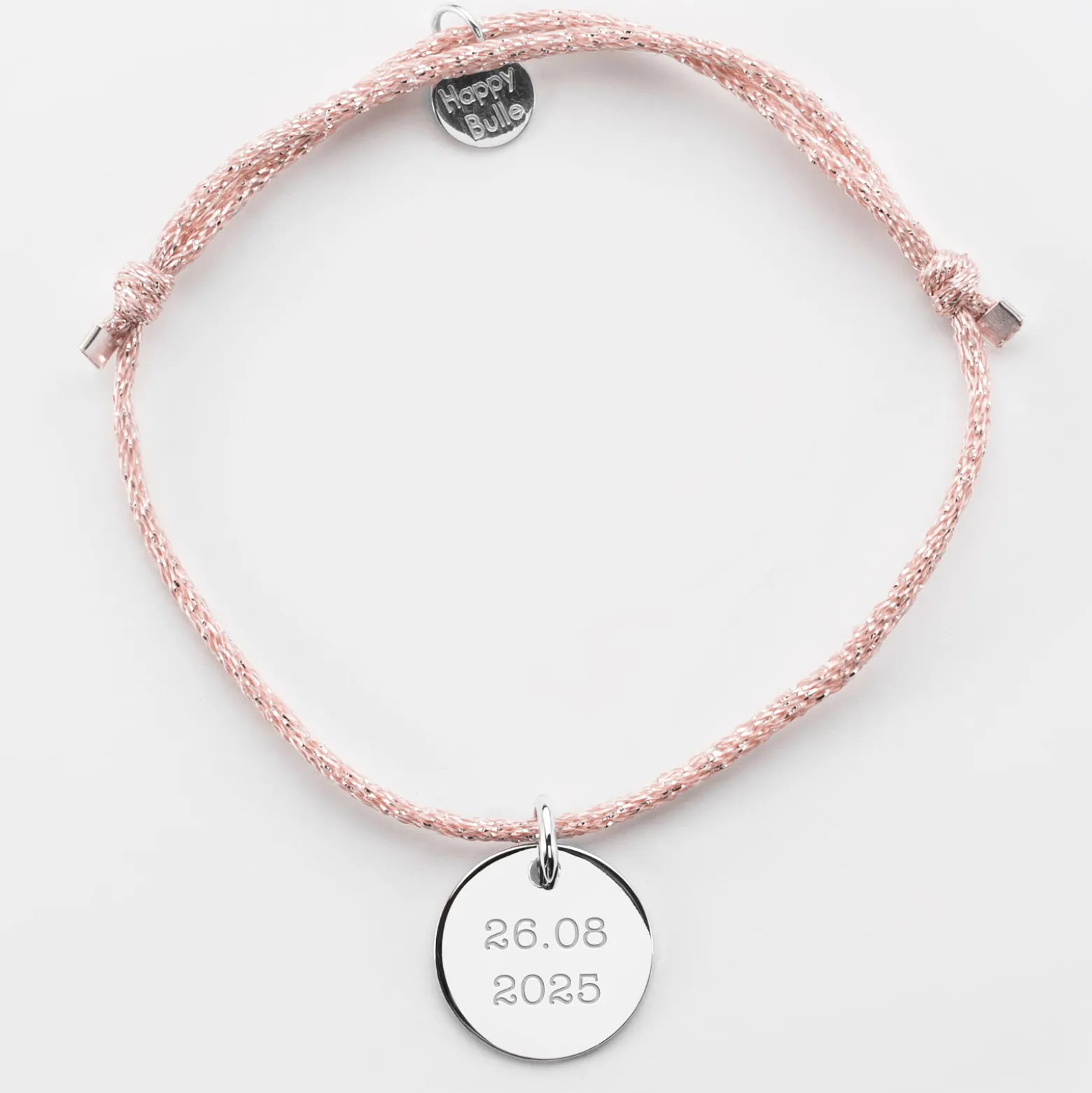 Bracelet Mariée personnalisé cordon pailleté médaille gravée argent 15 mm