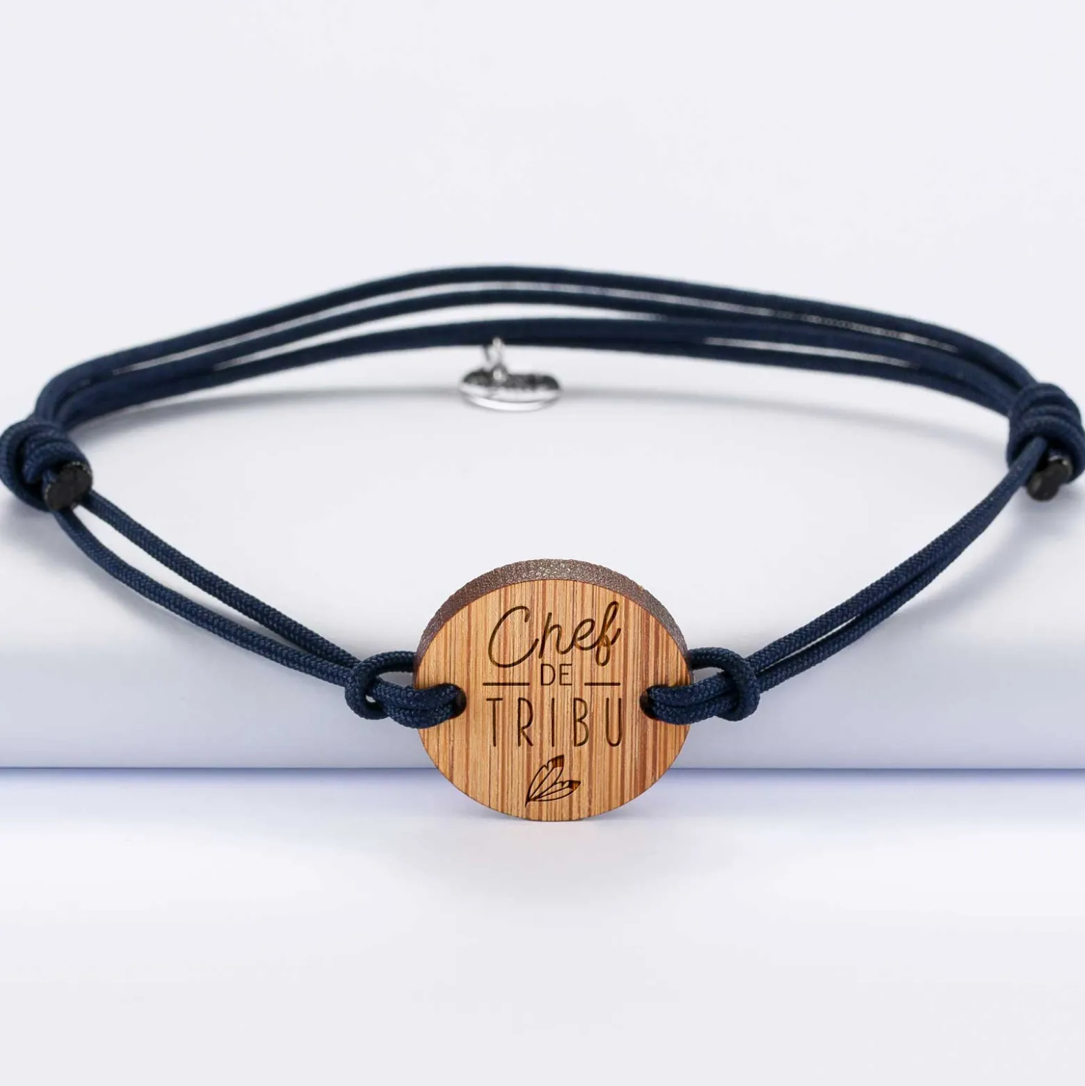 Bracelet papa homme médaille gravée bois ronde 21 mm - Edition spéciale "Chef de tribu"