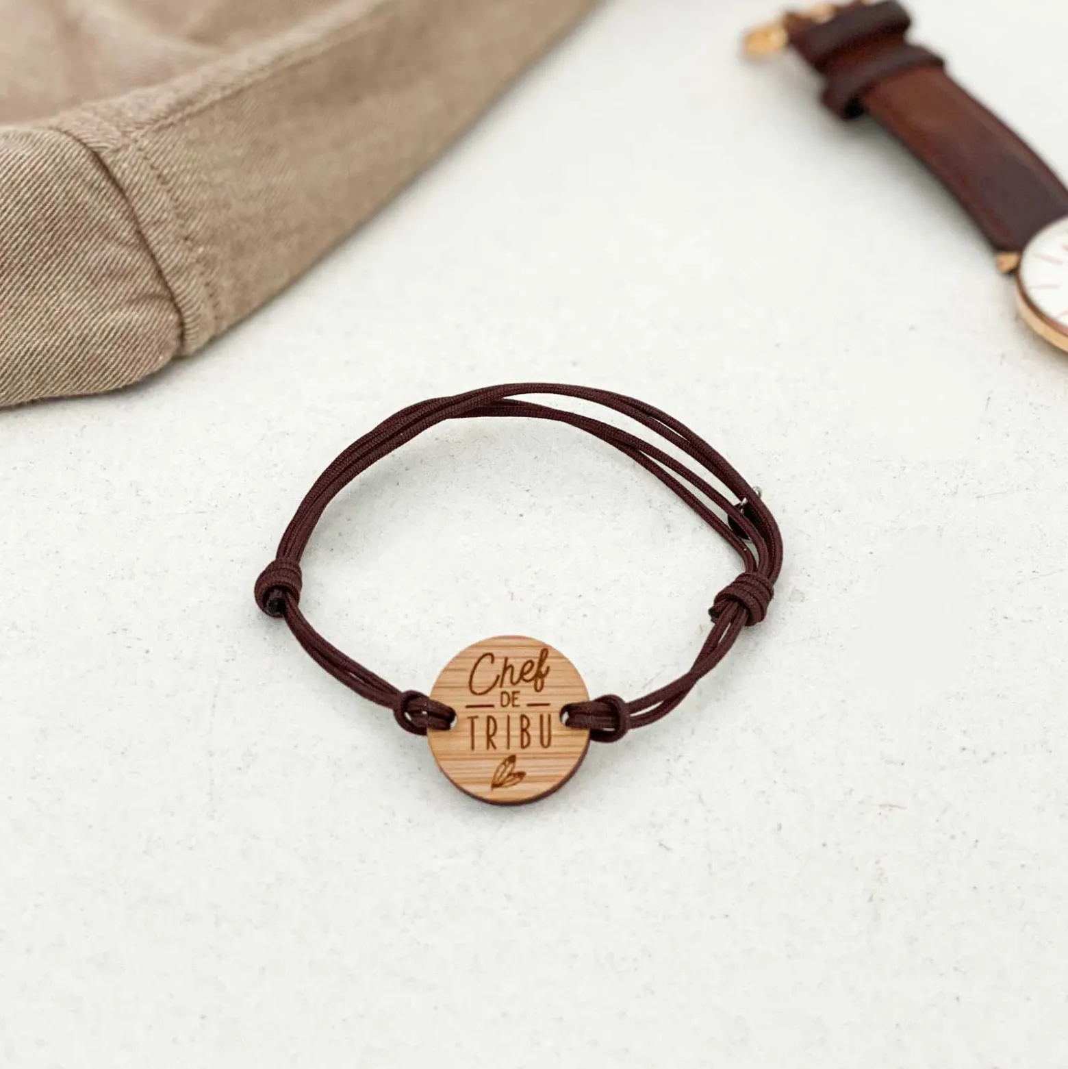 Bracelet papa homme médaille gravée bois ronde 21 mm - Edition spéciale "Chef de tribu"