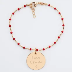 Bracelet perles colorées personnalisé médaille gravée plaqué or 19 mm