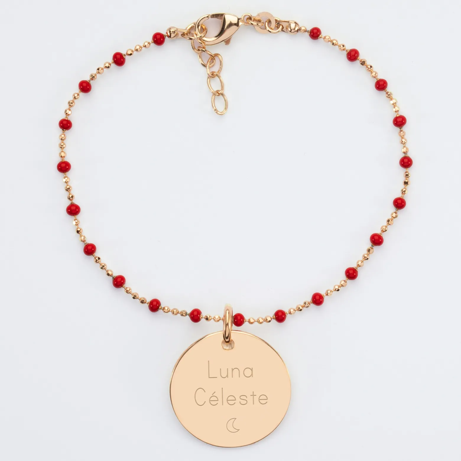 Bracelet perles colorées personnalisé médaille gravée plaqué or 19 mm