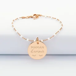 Bracelet perles colorées personnalisé médaille gravée plaqué or 19 mm