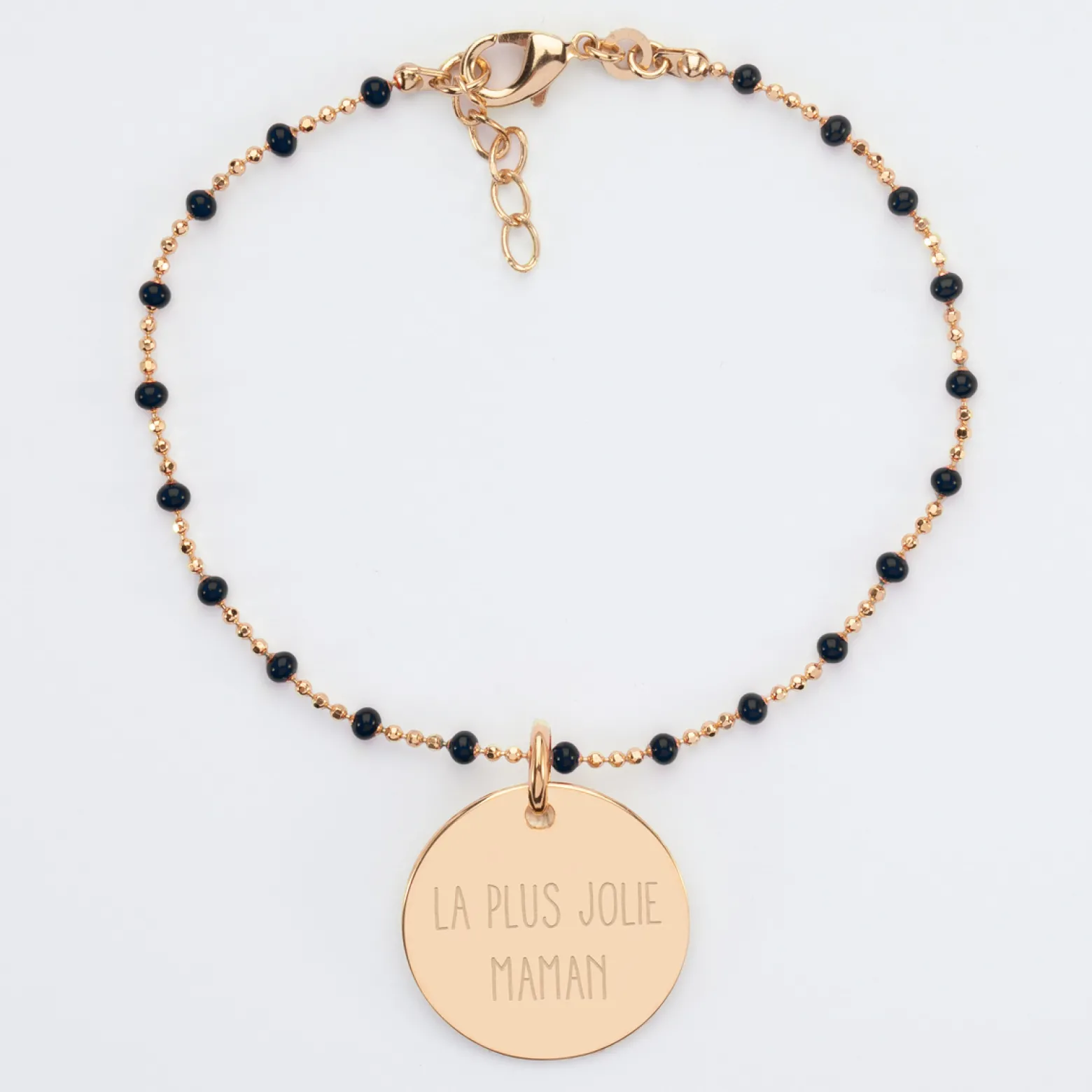 Bracelet perles colorées personnalisé médaille gravée plaqué or 19 mm