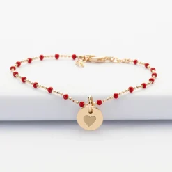 Bracelet perles colorées personnalisé médaille gravée plaqué or 10 mm