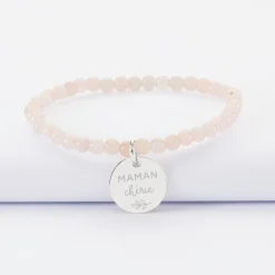 Bracelet perles élastique personnalisé médaille gravée argent ronde 15 mm