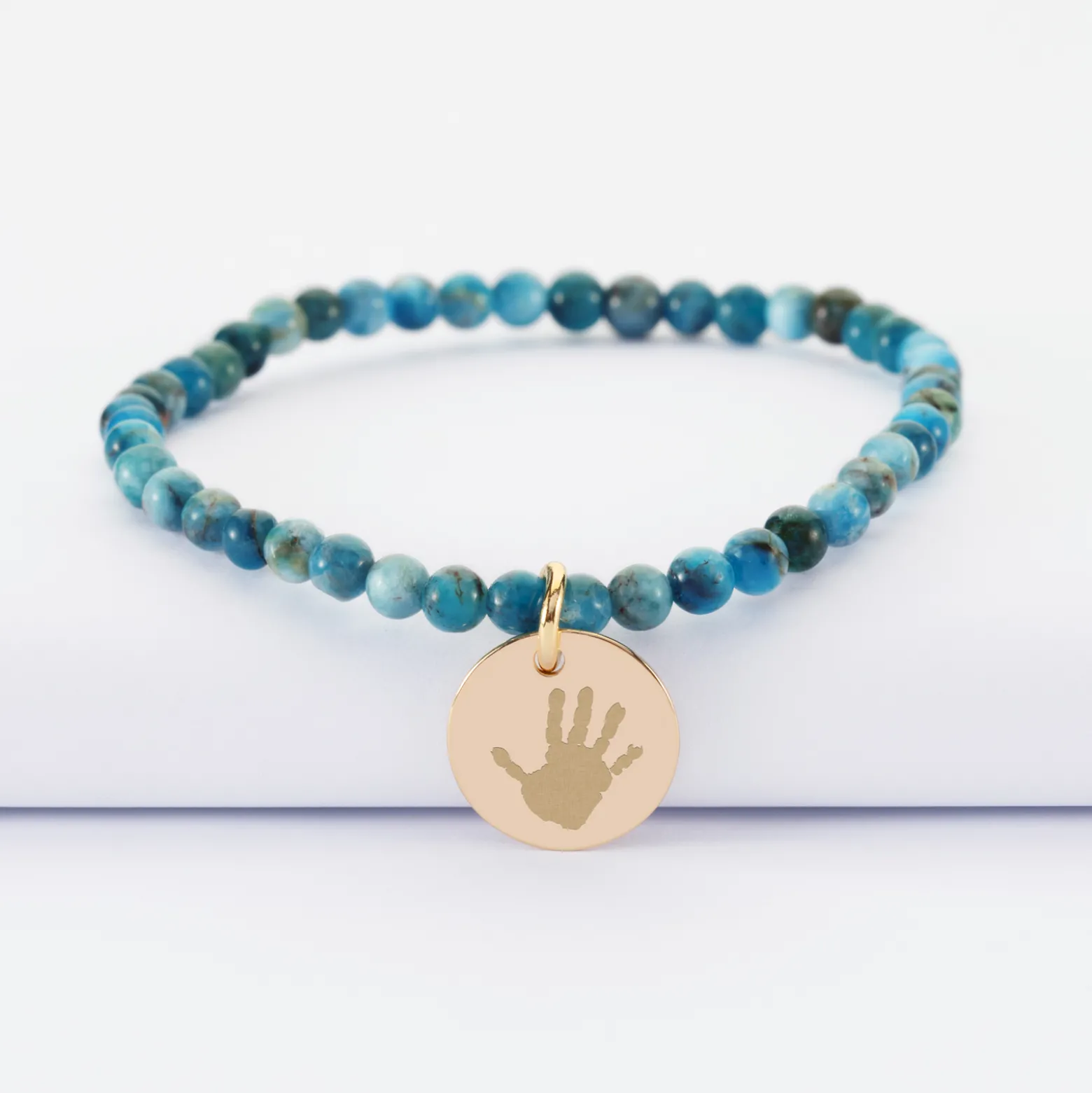 Bracelet perles élastique personnalisé médaille gravée plaqué or ronde 15 mm