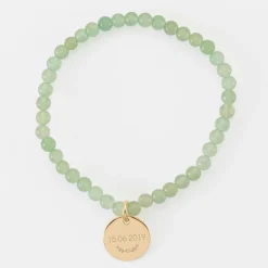 Bracelet perles élastique personnalisé médaille gravée plaqué or ronde 15 mm