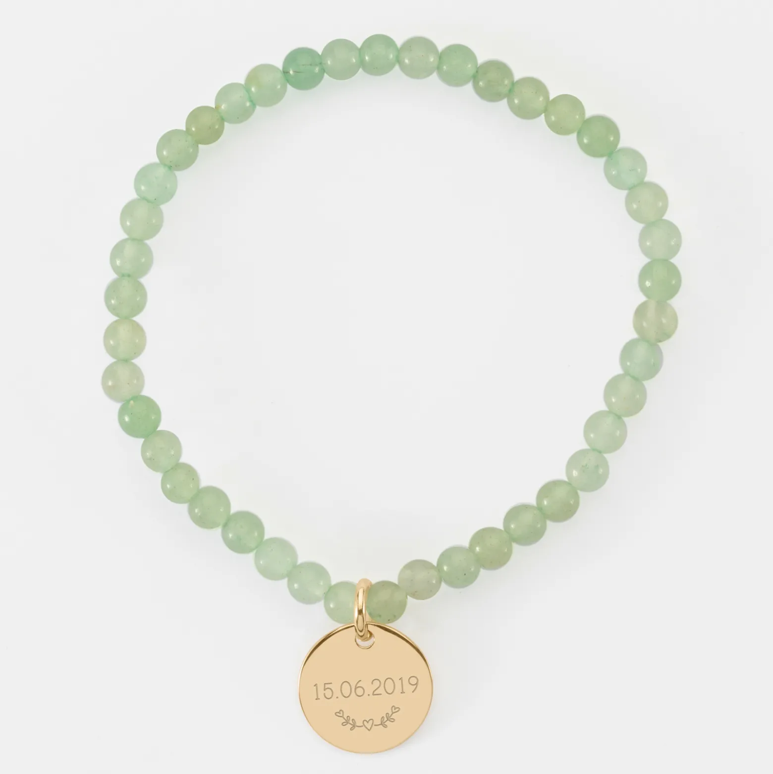 Bracelet perles élastique personnalisé médaille gravée plaqué or ronde 15 mm