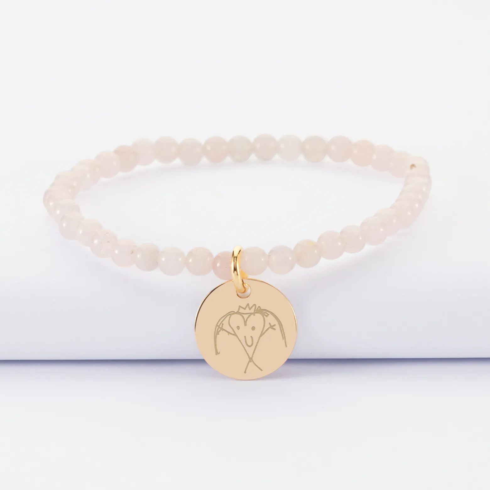 Bracelet perles élastique personnalisé médaille gravée plaqué or ronde 15 mm