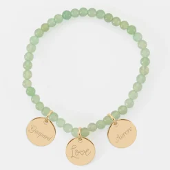 Bracelet perles élastique personnalisé médaille gravée plaqué or ronde 15 mm
