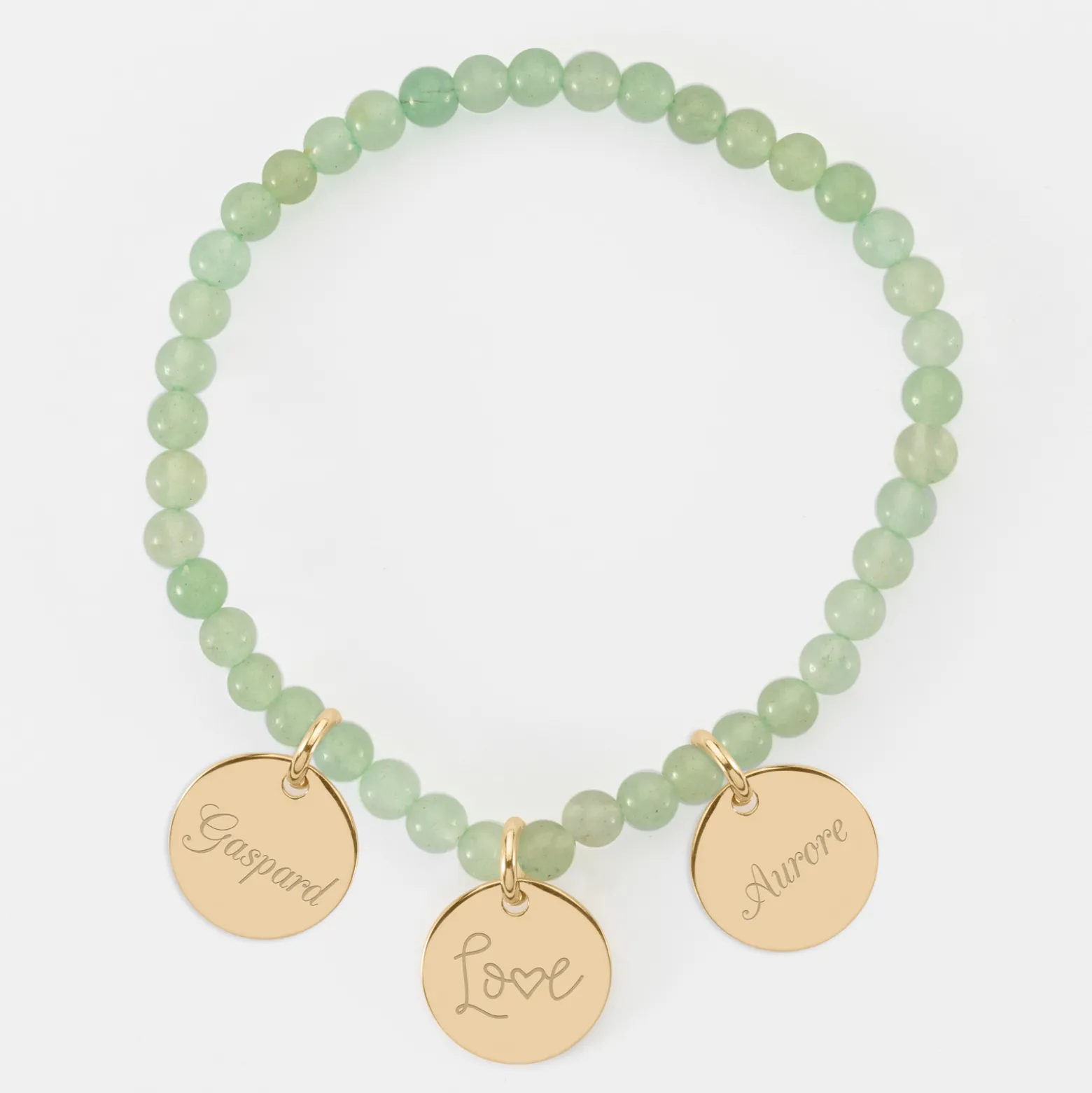 Bracelet perles élastique personnalisé médaille gravée plaqué or ronde 15 mm