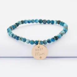 Bracelet perles élastique personnalisé médaille gravée plaqué or ronde 15 mm