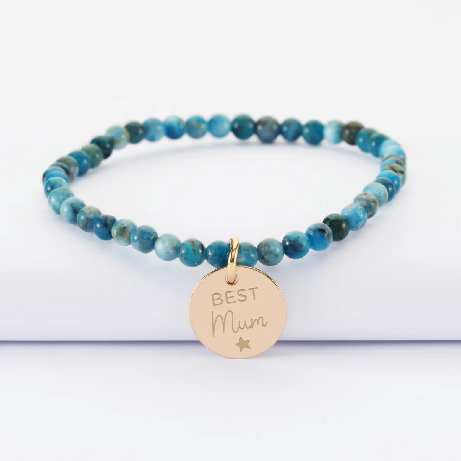 Bracelet perles élastique personnalisé médaille gravée plaqué or ronde 15 mm