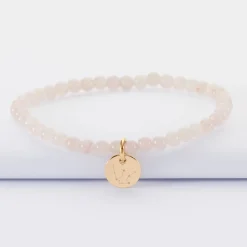 Bracelet perles élastique personnalisé médaille gravée plaqué or ronde 10 mm