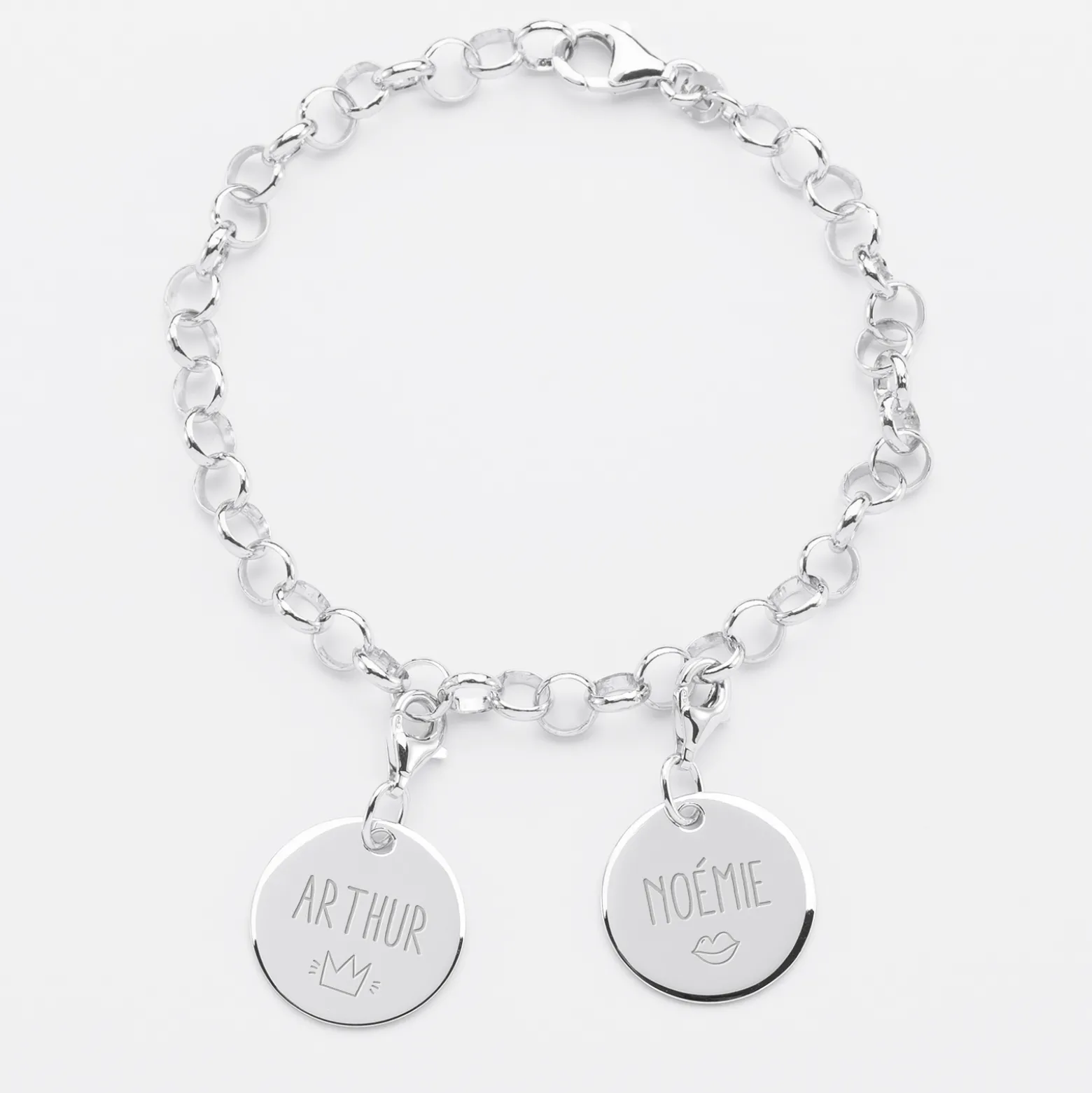 Bracelet personnalisé 2 charms gravés argent 17mm