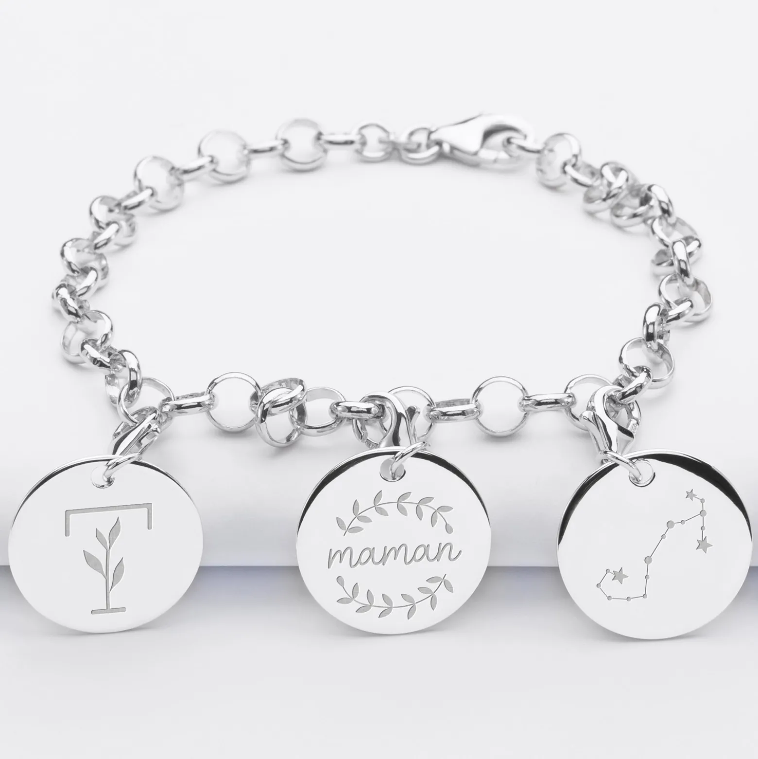Bracelet personnalisé 3 charms gravés argent 17mm