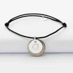 Bracelet personnalisé breloque nacre noire 19 mm et médaille gravée argent 15 mm