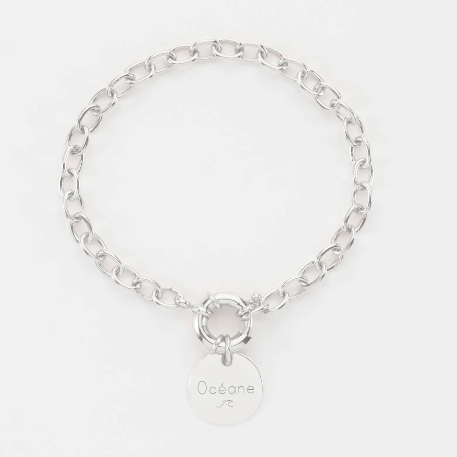Bracelet personnalisé chaine fermoir marin médaille gravée argent 15 mm