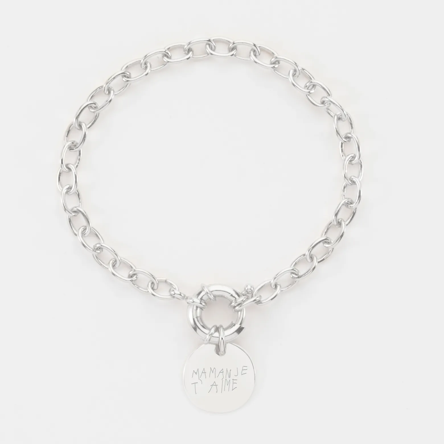 Bracelet personnalisé chaine fermoir marin médaille gravée argent 15 mm