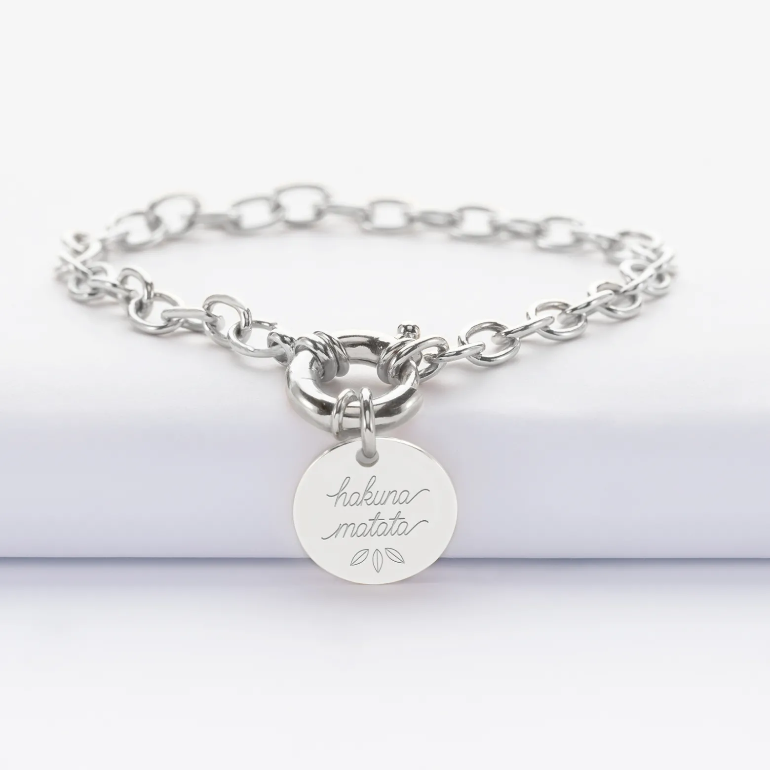 Bracelet personnalisé chaine fermoir marin médaille gravée argent 15 mm