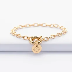 Bracelet personnalisé chaine fermoir marin médaille gravée plaqué or 10 mm