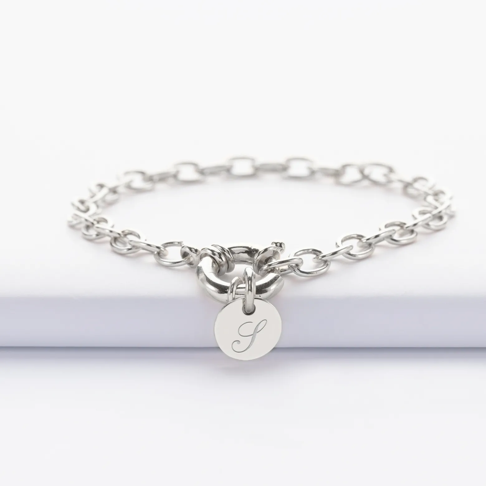 Bracelet personnalisé chaine fermoir marin médaille gravée argent 10 mm