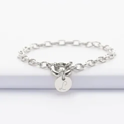 Bracelet personnalisé chaine fermoir marin médaille gravée argent 10 mm