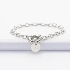 Bracelet personnalisé chaine fermoir marin médaille gravée argent 10 mm