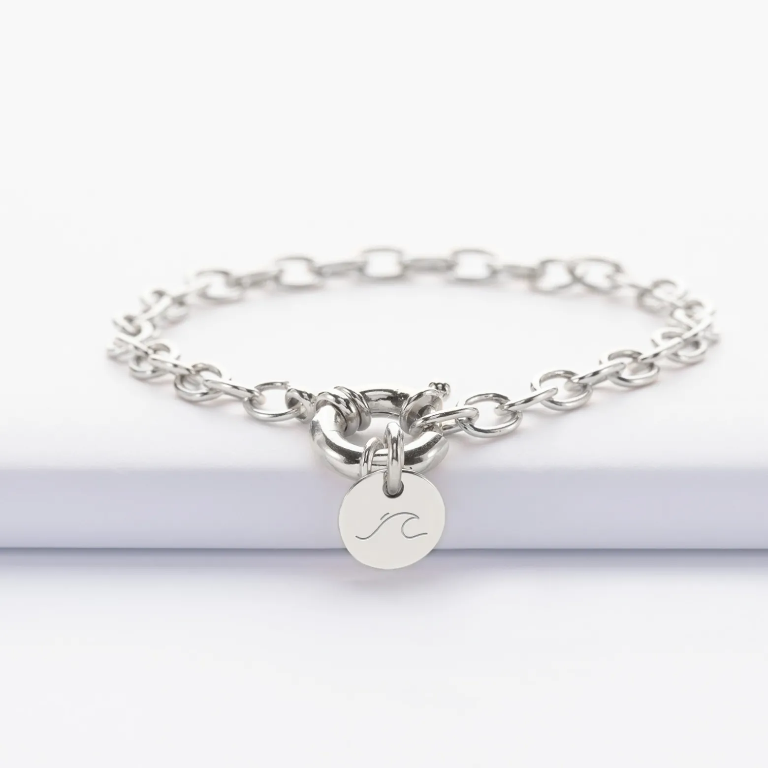 Bracelet personnalisé chaine fermoir marin médaille gravée argent 10 mm