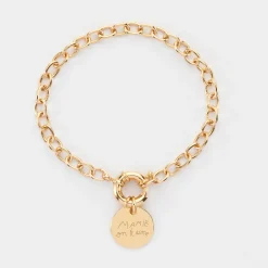 Bracelet personnalisé chaine fermoir marin médaille gravée plaqué or 15 mm