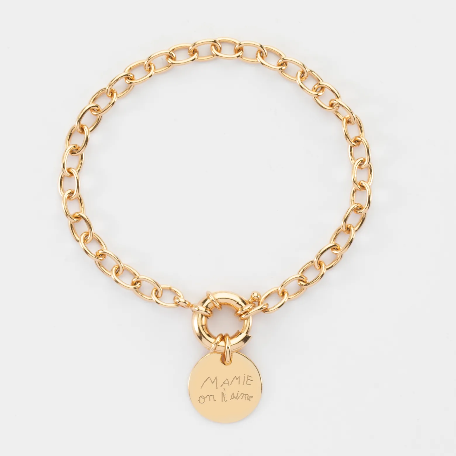 Bracelet personnalisé chaine fermoir marin médaille gravée plaqué or 15 mm