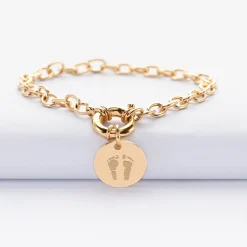 Bracelet personnalisé chaine fermoir marin médaille gravée plaqué or 15 mm