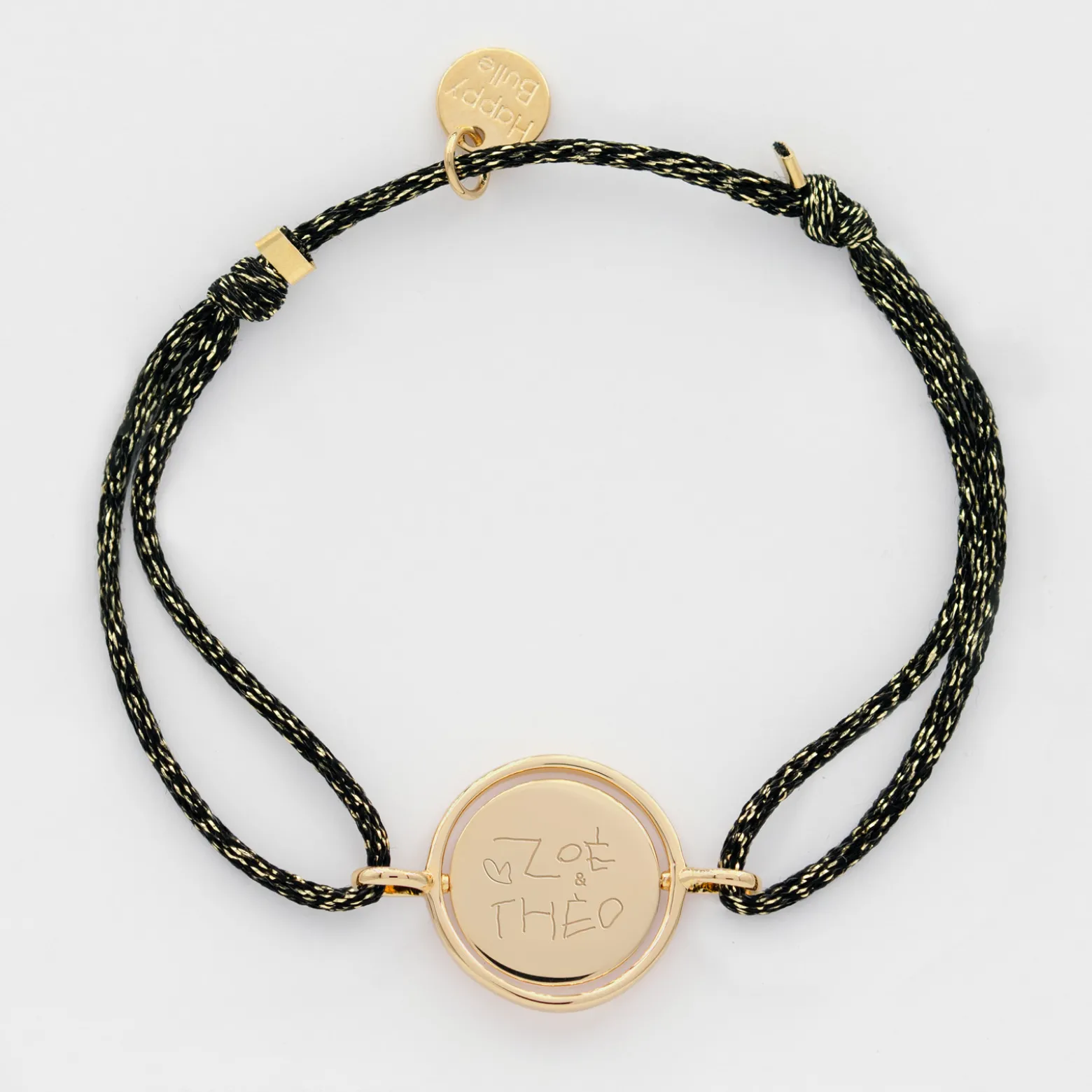 Bracelet personnalisé cordon pailleté médaille réversible Eternelle gravée plaqué or 2 trous 16 mm - HappyBulle x Capucine