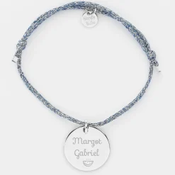 Bracelet personnalisé cordon pailleté médaille gravée argent 19 mm