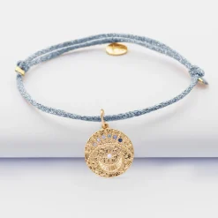 Bracelet personnalisé cordon pailleté médaille Lune zircons crépuscule gravée plaqué or 16 mm
