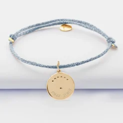 Bracelet personnalisé cordon pailleté médaille Lune zircons crépuscule gravée plaqué or 16 mm