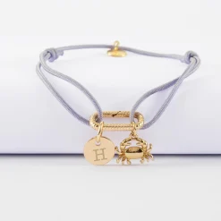 Bracelet personnalisé cordon mousqueton perle 17x11 mm médaille gravée plaqué or 10 mm et breloque(s) summer - à composer