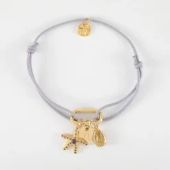 Bracelet personnalisé cordon mousqueton perle 17x11 mm médaille gravée plaqué or 10 mm et breloque(s) summer - à composer