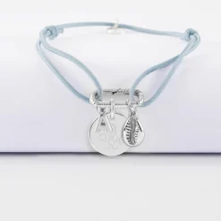 Bracelet personnalisé cordon mousqueton perle 17x11 mm médaille gravée argent 15 mm et breloque(s) summer - à composer