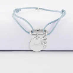Bracelet personnalisé cordon mousqueton perle 17x11 mm médaille gravée argent 15 mm et breloque(s) summer - à composer