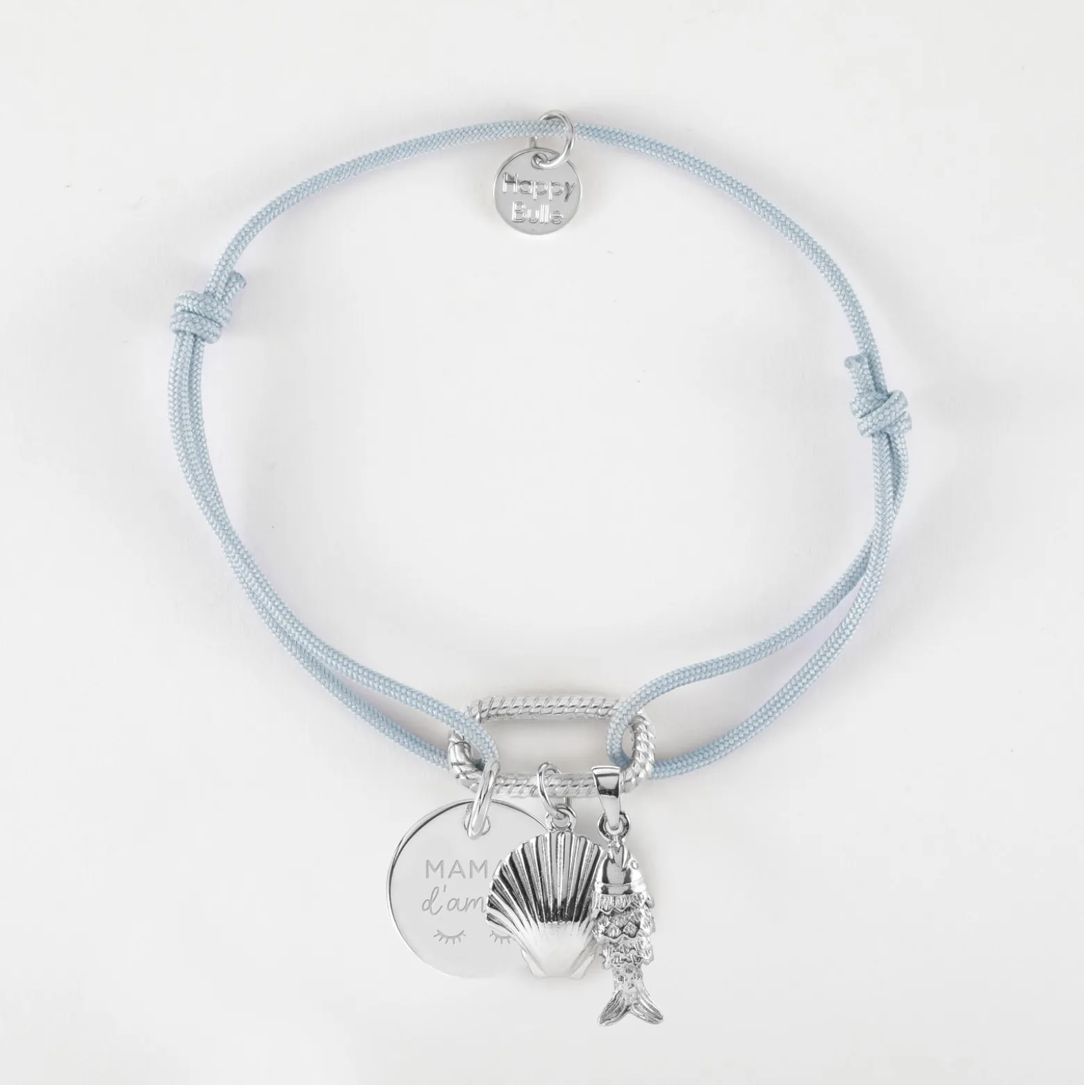 Bracelet personnalisé cordon mousqueton perle 17x11 mm médaille gravée argent 15 mm et breloque(s) summer - à composer