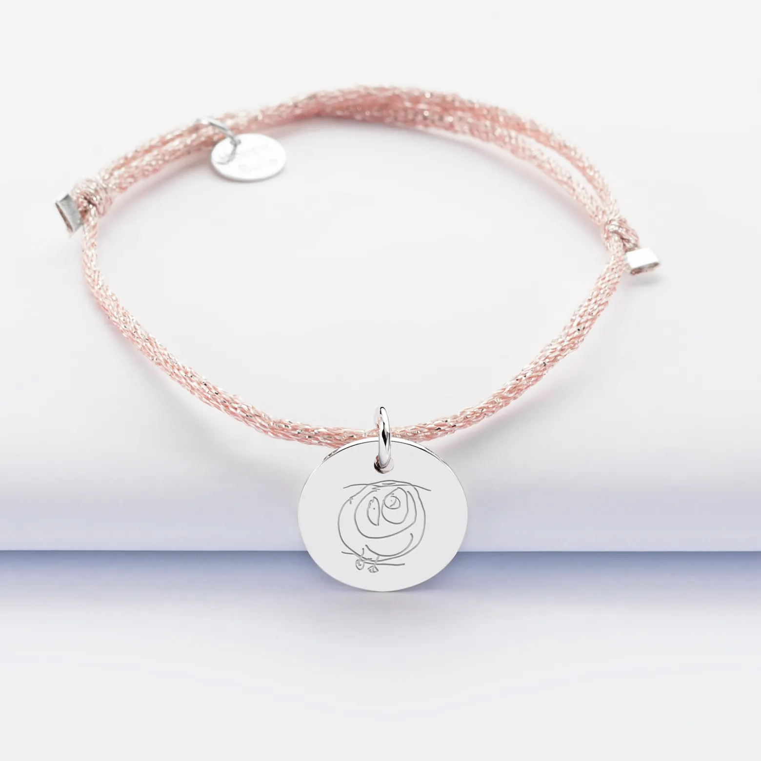 Bracelet personnalisé cordon pailleté médaille gravée argent 15 mm - Nos petits imparfaits