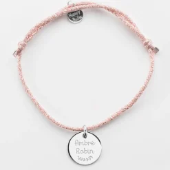 Bracelet personnalisé cordon pailleté médaille gravée argent 15 mm - Nos petits imparfaits