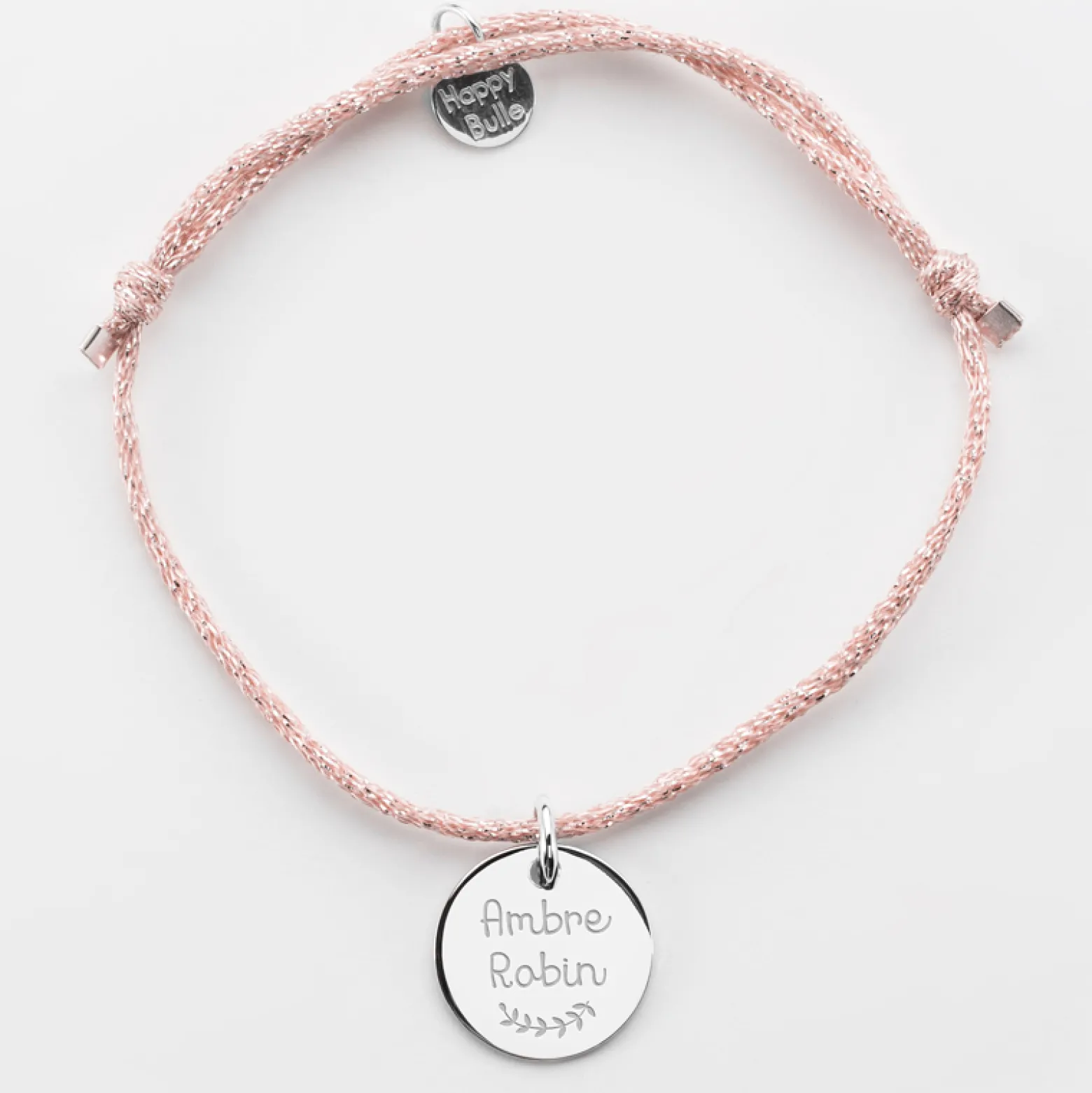 Bracelet personnalisé cordon pailleté médaille gravée argent 15 mm - Nos petits imparfaits