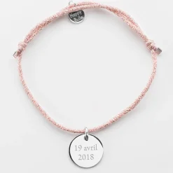 Bracelet personnalisé cordon pailleté médaille gravée argent 15 mm - Nos petits imparfaits